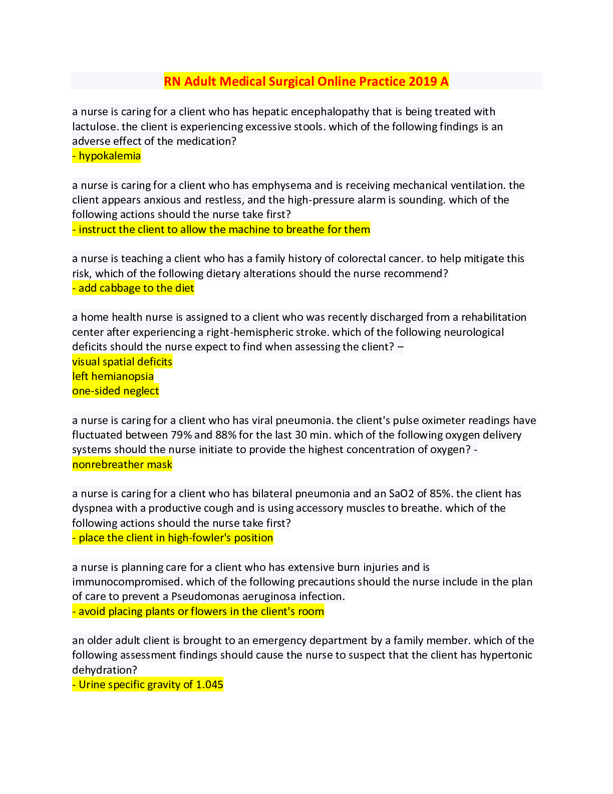 Preview image for RN Adult Medical Surgical Online Practice 2019 A